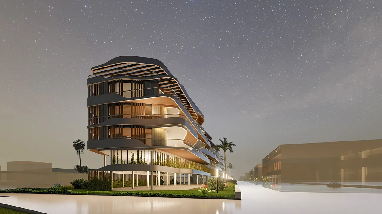 Edificio Residencial La Patá iluminado de noche
