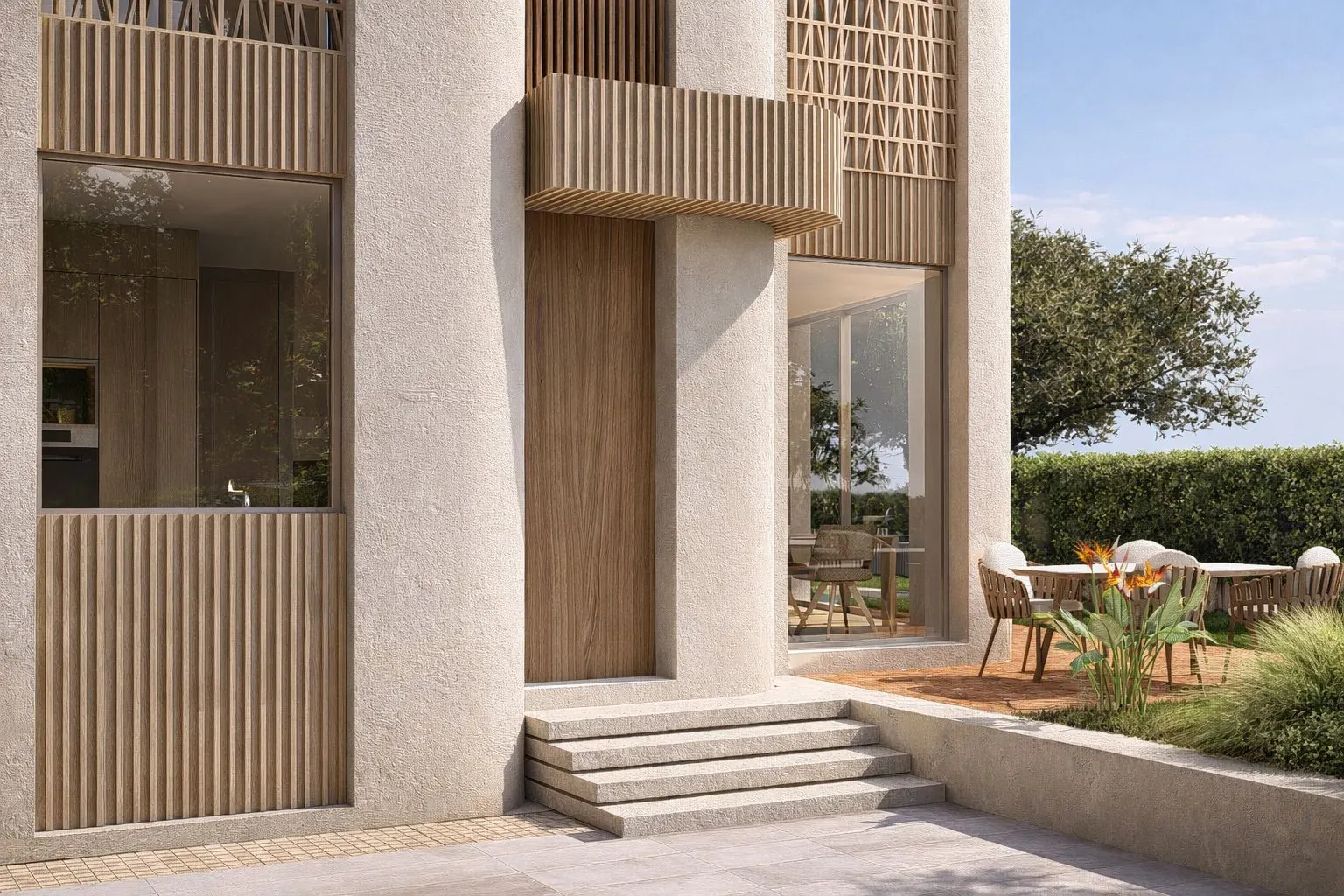 Acceso y terraza de una vivienda de Blooming Village