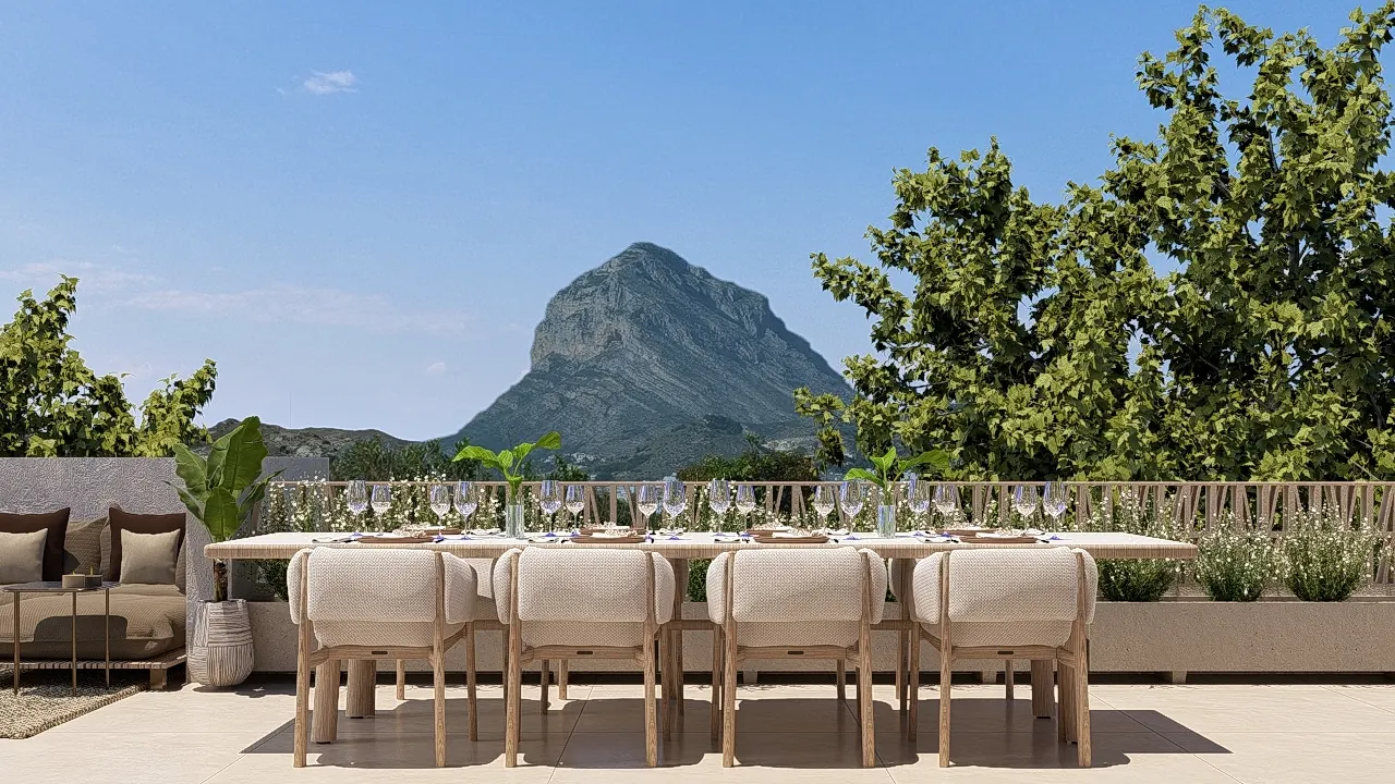 Terraza de Blooming Village con vistas al Montgó