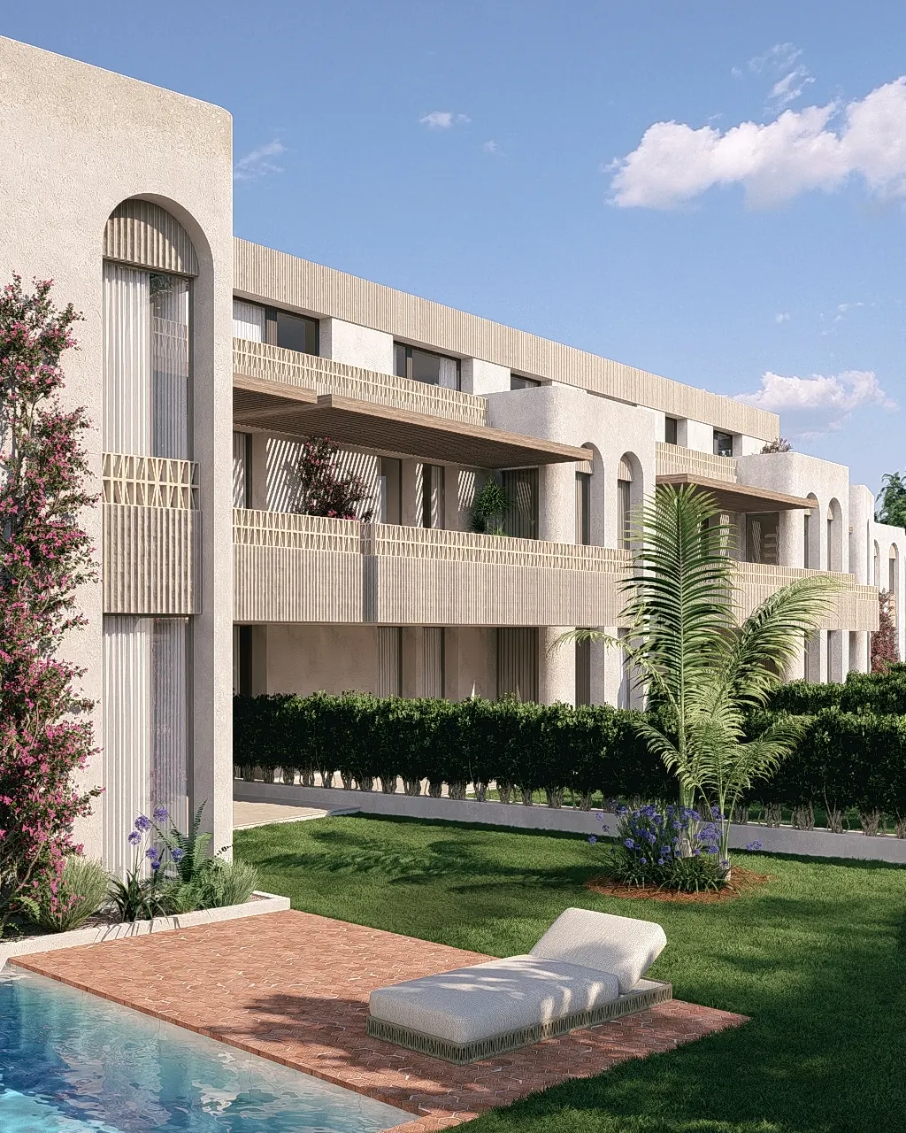 Edificio residencial y piscina de Blooming Village