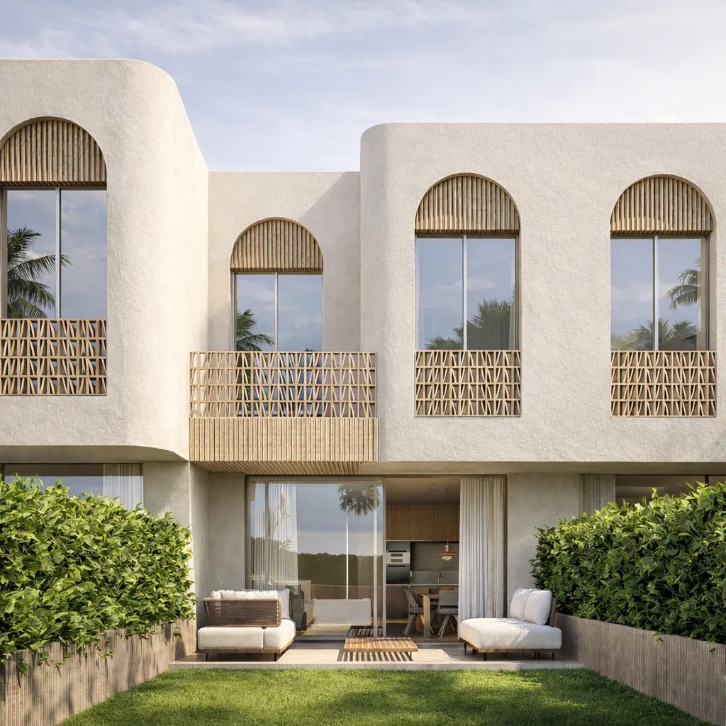 Fachada y jardín de una vivienda de Blooming Village en Jávea