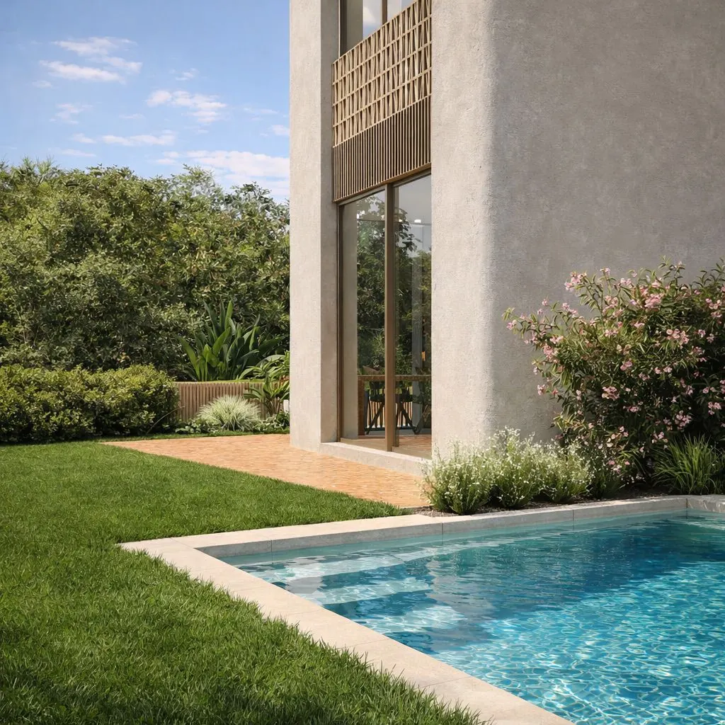 Jardín y piscina junto a una vivienda de Blooming Village