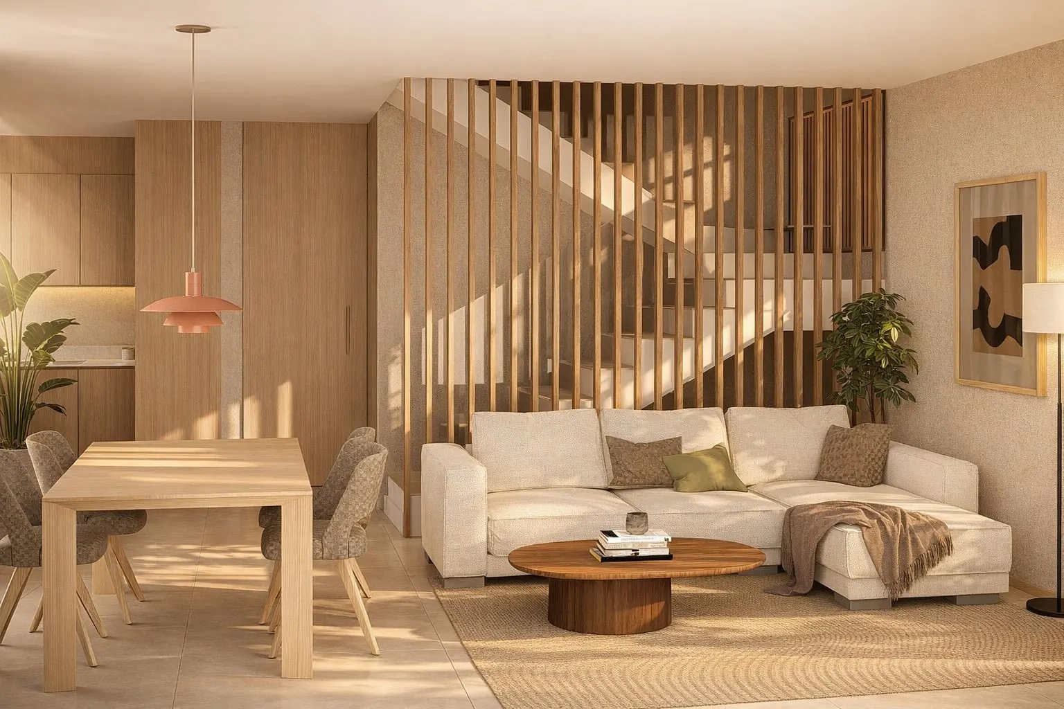 Sala de estar con escalera en Blooming Village
